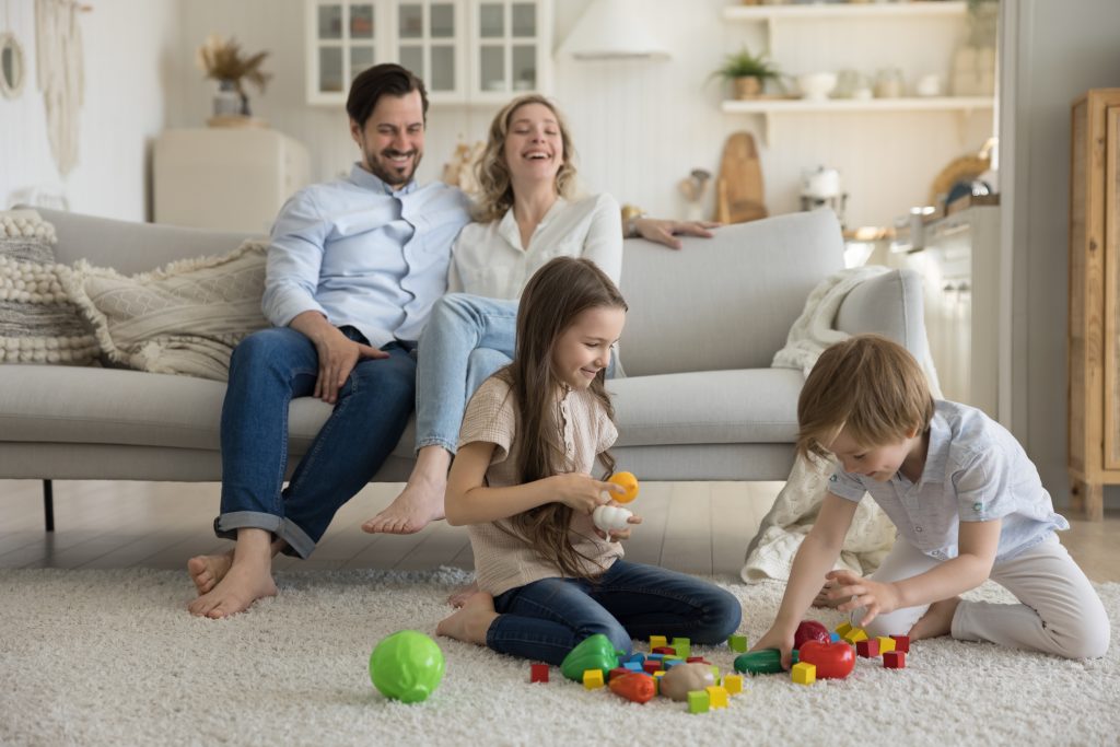Two,Cheerful,Excited,Sibling,Kids,Playing,With,Toy,Blocks,,Colorful